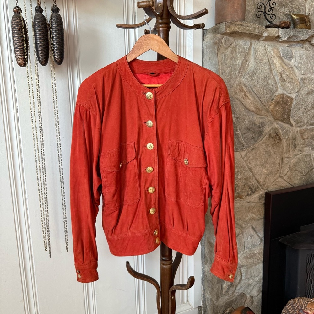 Vintage Crimson Rust Red Suede Leather Bomber Jacket